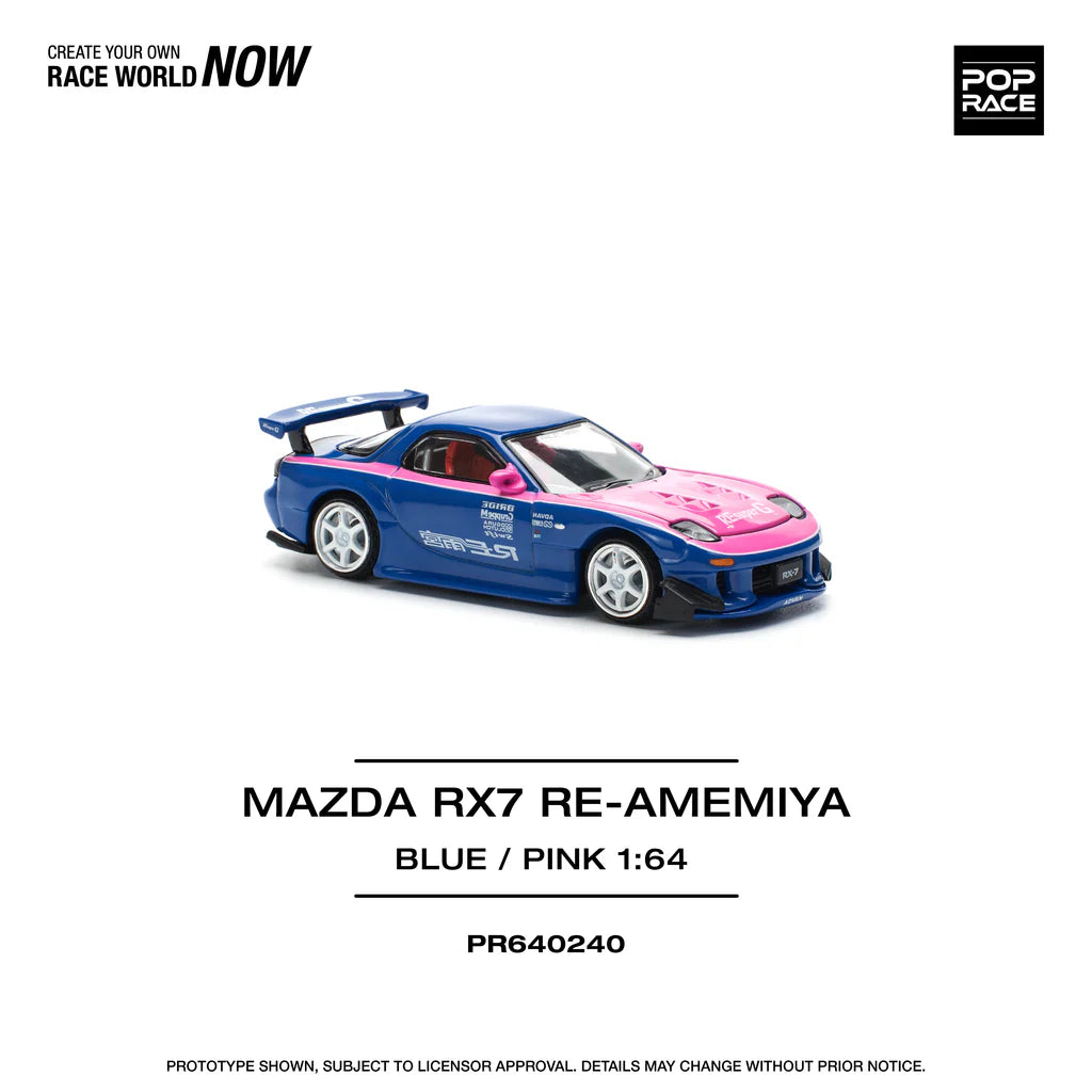 Pop Race 1:64 Mazda RX-7 FD3S Re-Amemiya Wide body Blue / Pink Openable Engine Hood (PR640240)