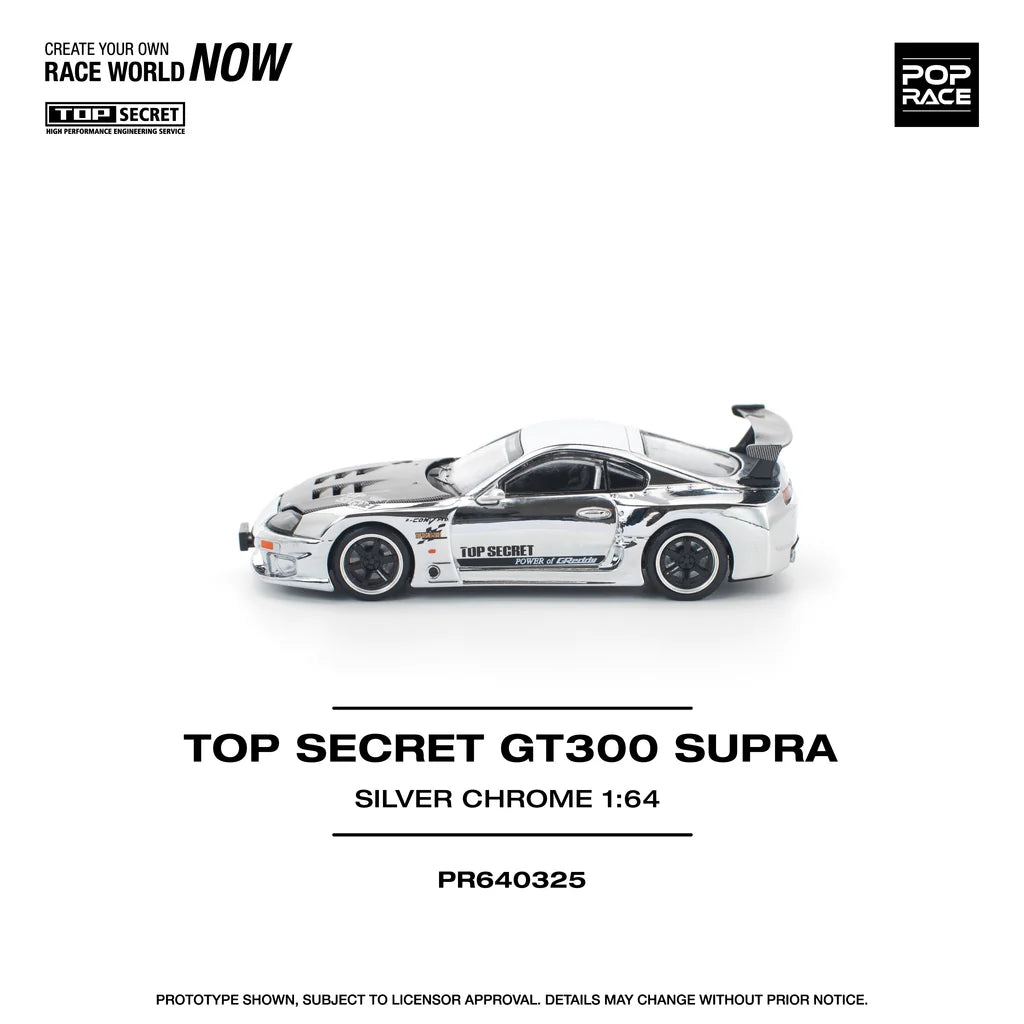 Pop Race 1:64 Top Secret GT300 Supra A80 Chrome Silver Carbon Hood Openable Front Hood Detailed Engine (PR640325)