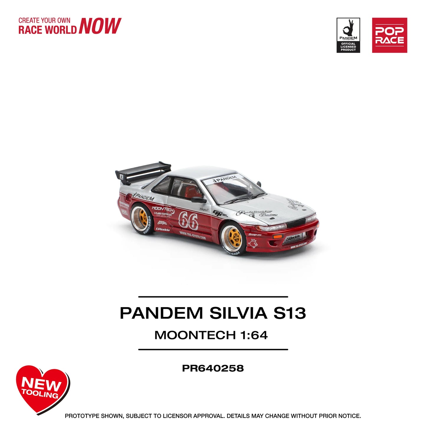 Pop Race 1:64 Nissan Pandem Silvia S13 MOONTECH Rocket Bunny #66 Red Opening Front Hood Detailed Engine (PR640258)