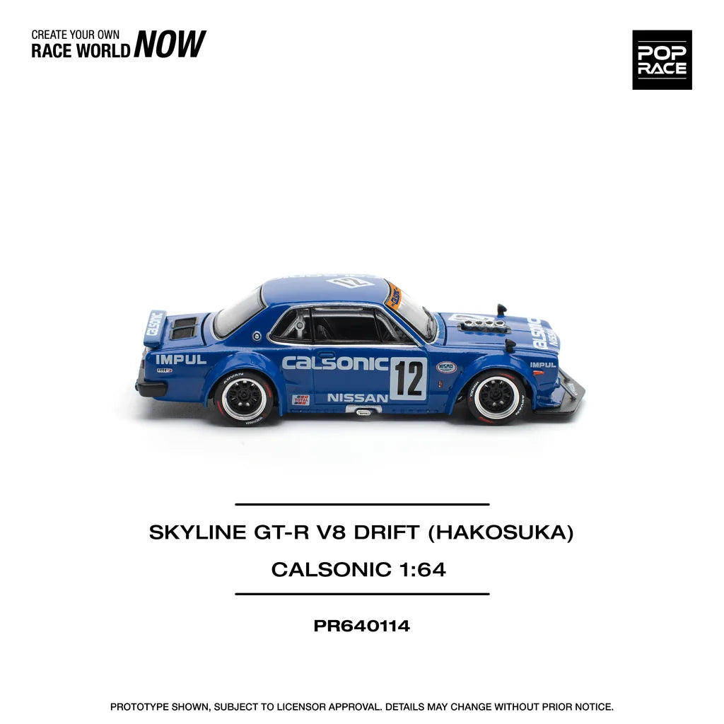 Pop Race 1:64 Skyline GT-R KPGC10 V8 Drift Hakosuka Calsonic #12 Opening Front and Rear Detailed Engine (PR640114)