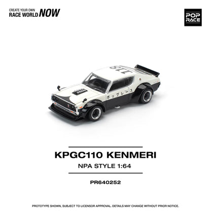 Pop Race 1:64 Nissan Skyline GT-R KPGC110 V8 Drift Kenmeri White Black NPA Style Opening Front and Rear Detailed Engine (PR640252)