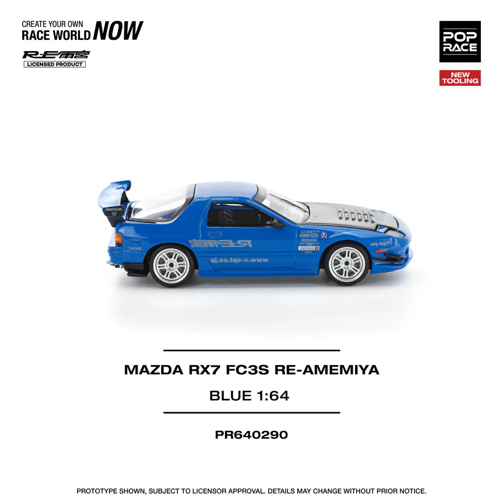 Pop Race 1:64 Mazda RX-7 FC3S Re-Amemiya Blue Openable Front Hood Detailed Engine (PR640290)