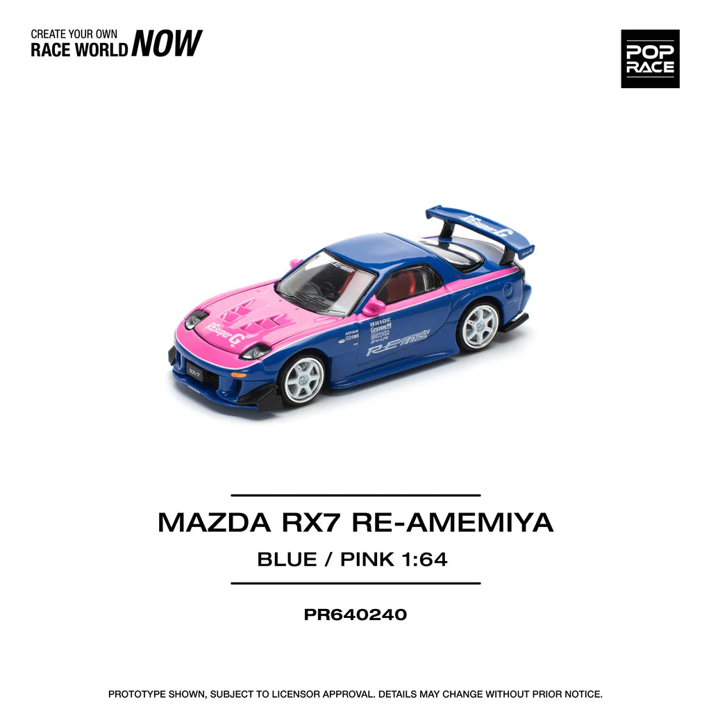 Pop Race 1:64 Mazda RX-7 FD3S Re-Amemiya Wide body Blue / Pink Openable Engine Hood (PR640240)