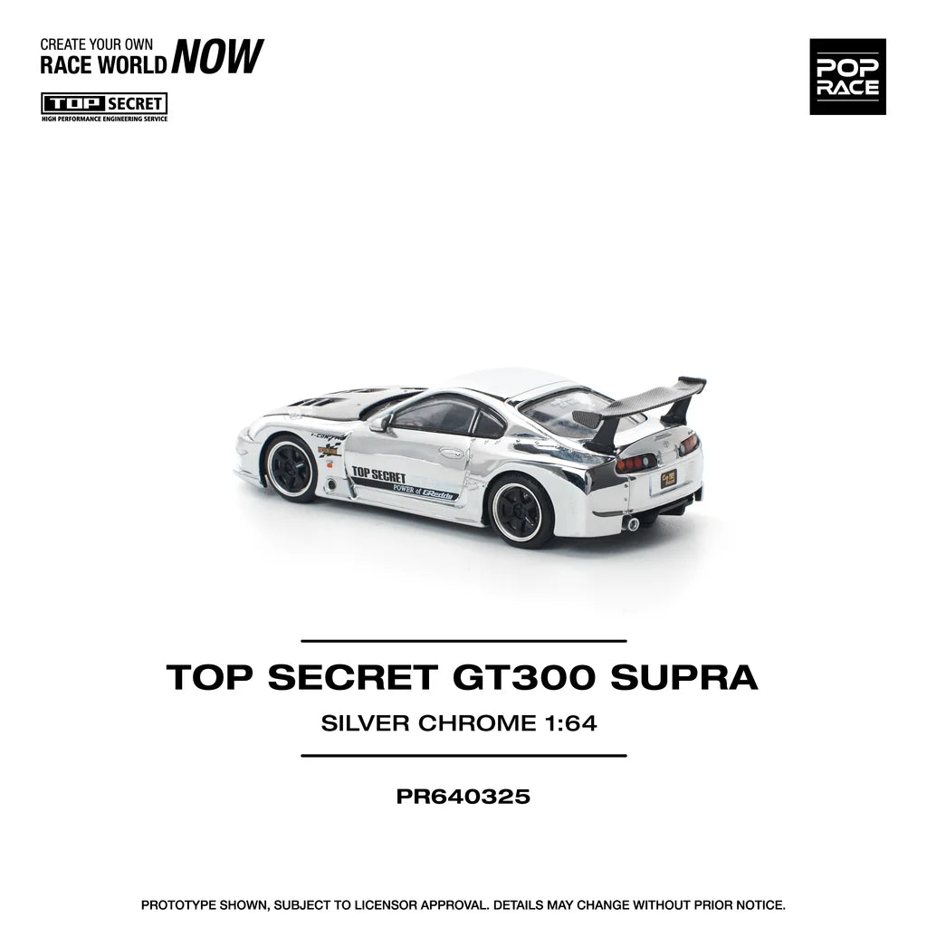 Pop Race 1:64 Top Secret GT300 Supra A80 Chrome Silver Carbon Hood Openable Front Hood Detailed Engine (PR640325)