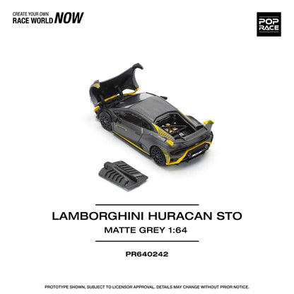 Pop Race 1:64 Lamborghini Huracan STO Matte Grey Opening Front and Rear Detailed Engine (PR640242)