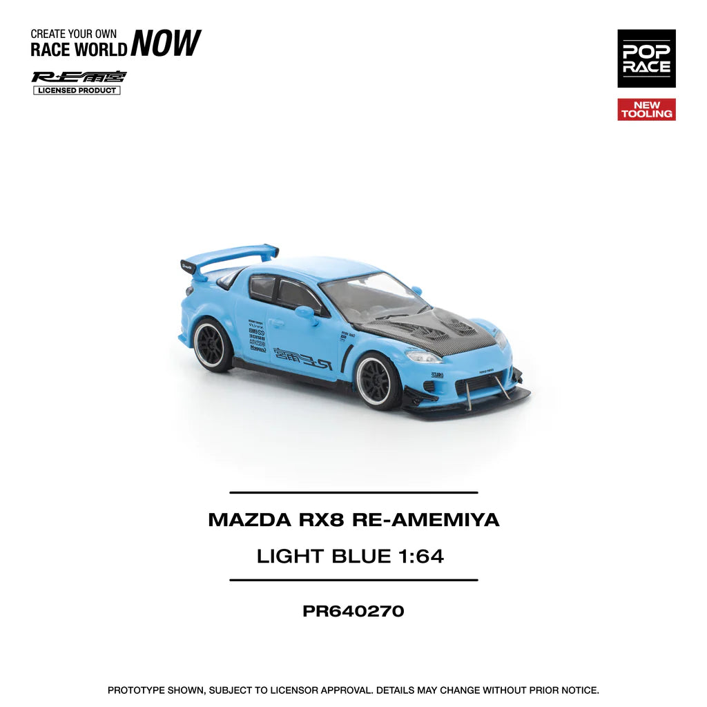 Pop Race 1:64 Mazda RX-8 Re-Amemiya Light Blue Openable Front Hood Detailed Engine (PR640270)
