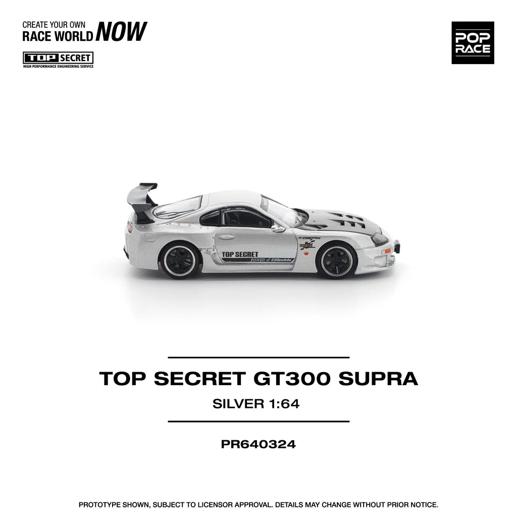 Pop Race 1:64 Top Secret GT300 Supra A80 Silver Carbon Hood Openable Front Hood Detailed Engine (PR640324)