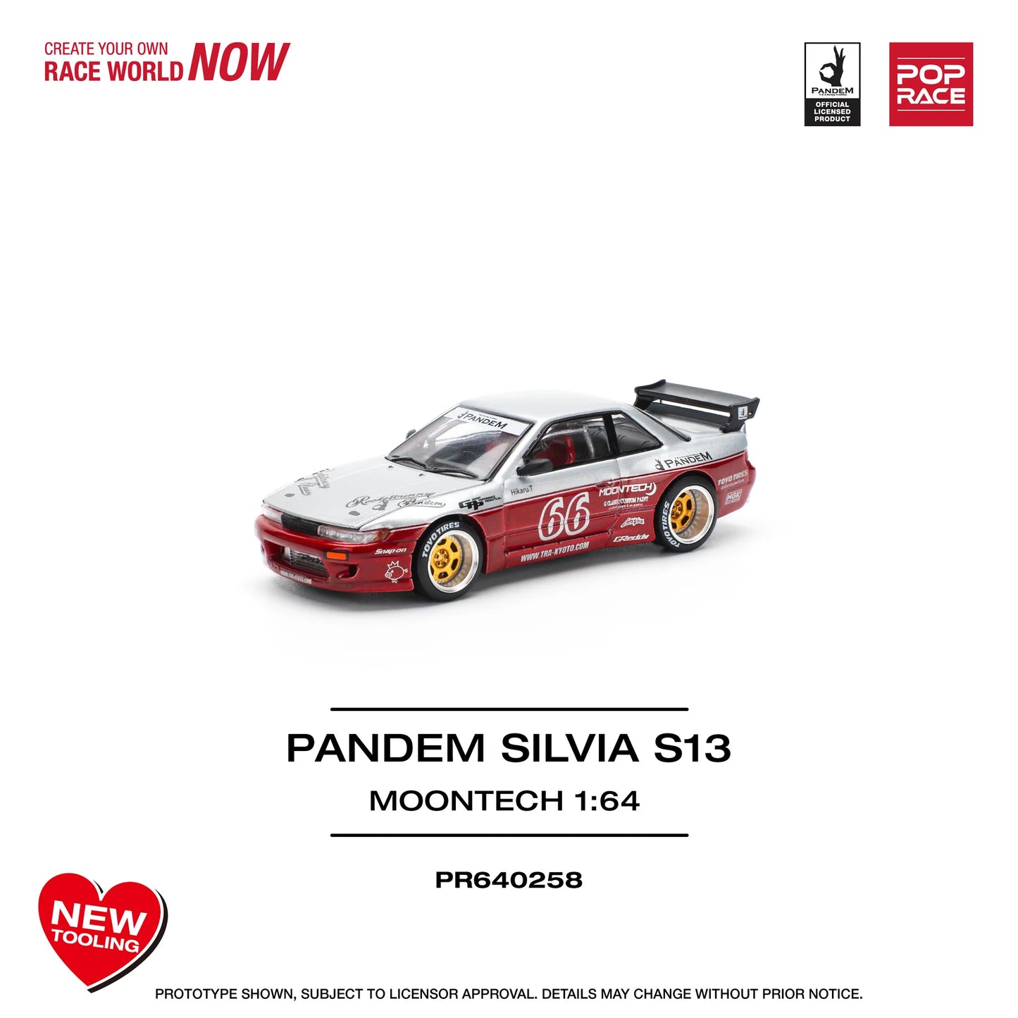 Pop Race 1:64 Nissan Pandem Silvia S13 MOONTECH Rocket Bunny #66 Red Opening Front Hood Detailed Engine (PR640258)