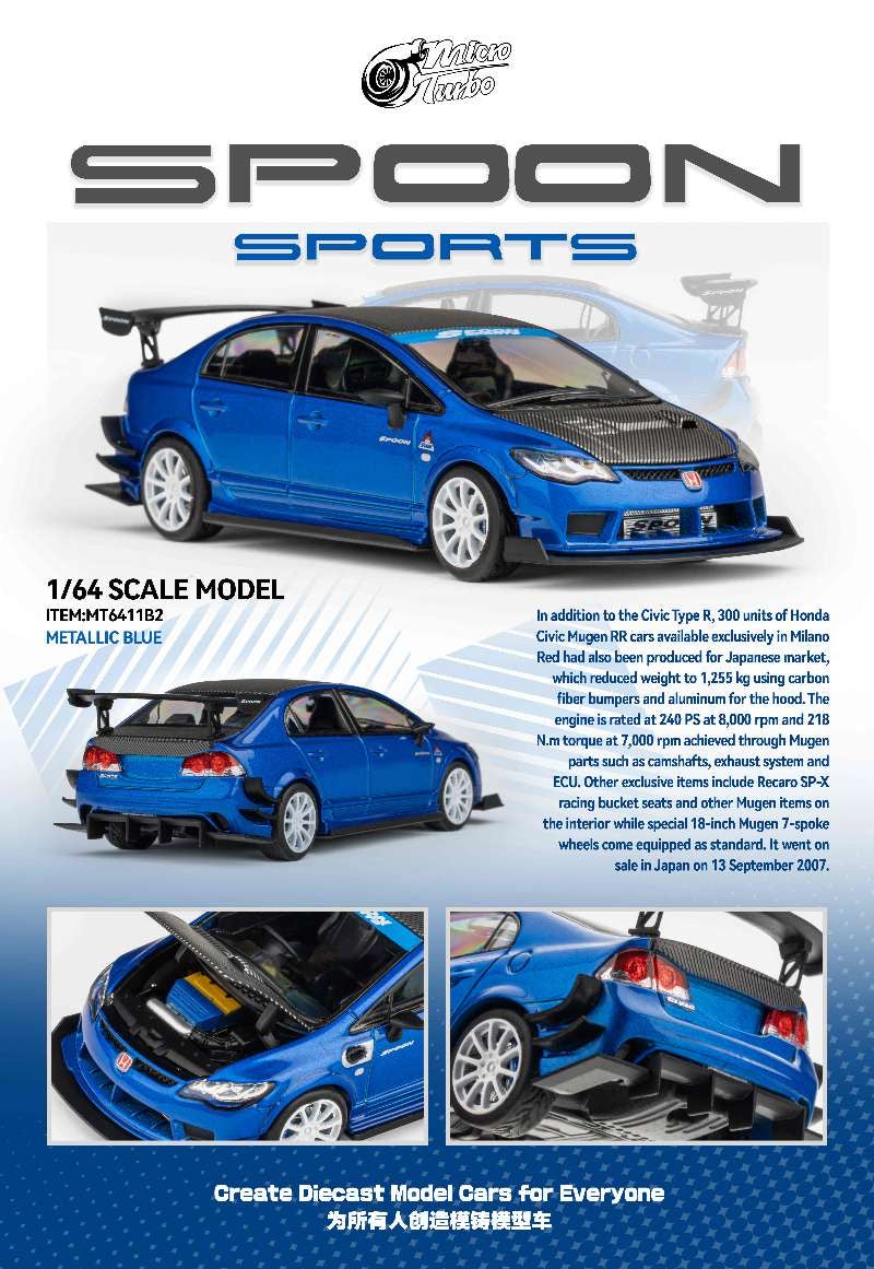 Micro Turbo 1:64 Honda CIVIC FD2 Spoon Sports Metallic Blue with Black Carbon Hood (Openable Front Hood + Detailed Engine)