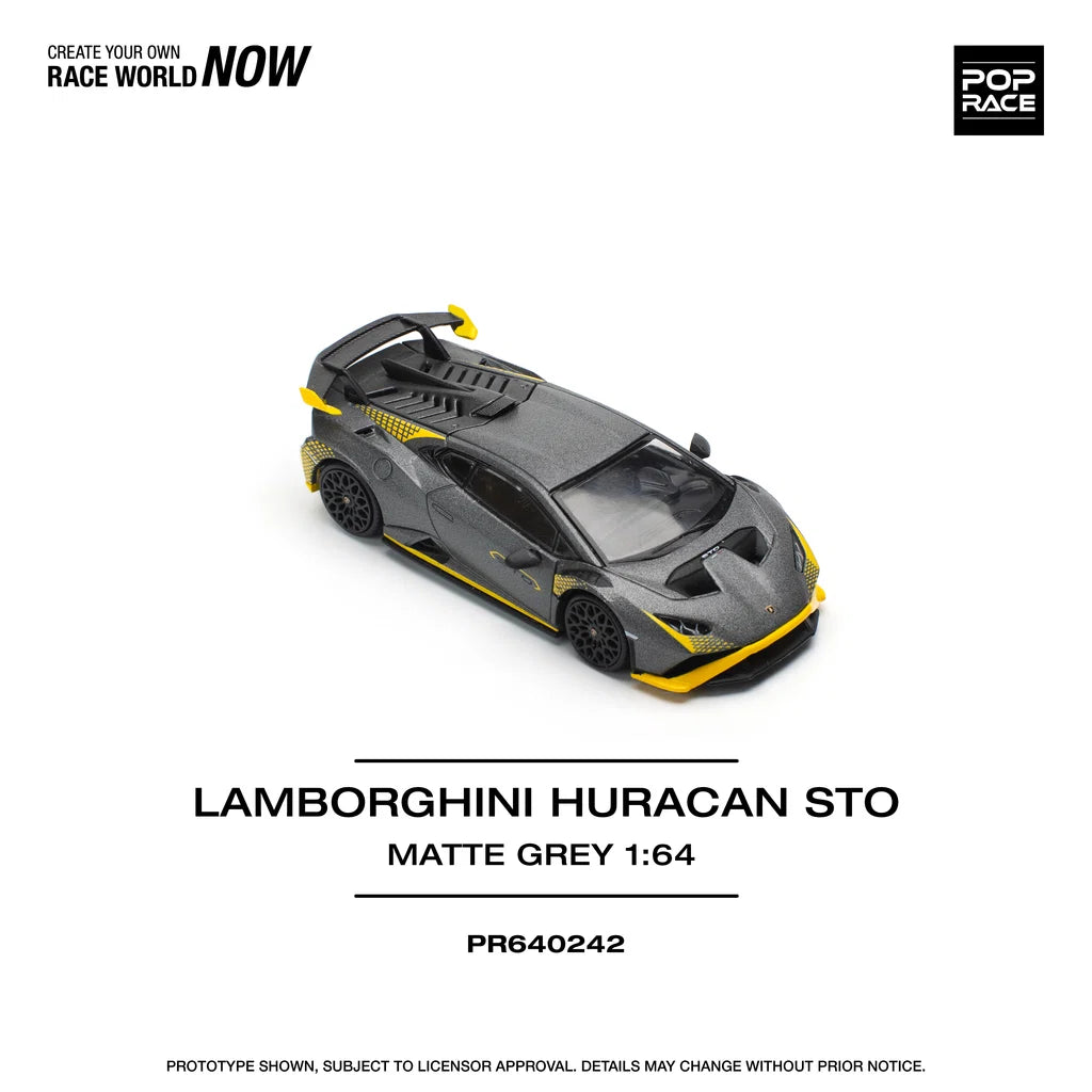 Pop Race 1:64 Lamborghini Huracan STO Matte Grey Opening Front and Rear Detailed Engine (PR640242)