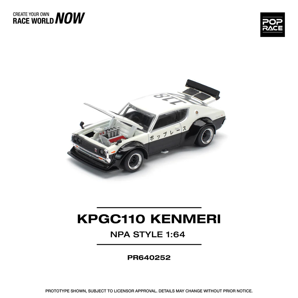 Pop Race 1:64 Nissan Skyline GT-R KPGC110 V8 Drift Kenmeri White Black NPA Style Opening Front and Rear Detailed Engine (PR640252)