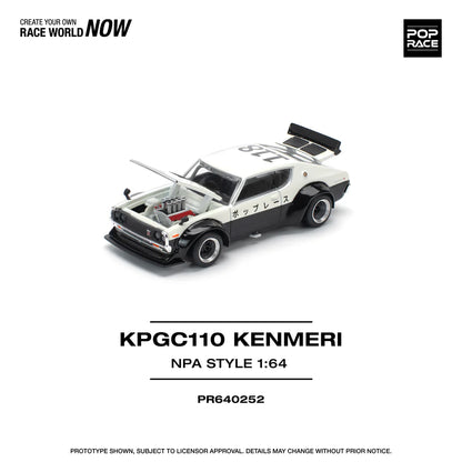 Pop Race 1:64 Nissan Skyline GT-R KPGC110 V8 Drift Kenmeri White Black NPA Style Opening Front and Rear Detailed Engine (PR640252)