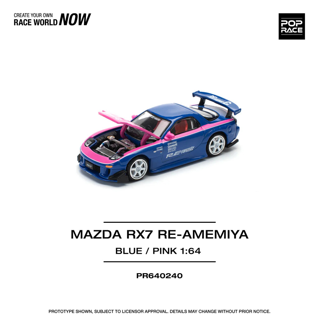 Pop Race 1:64 Mazda RX-7 FD3S Re-Amemiya Wide body Blue / Pink Openable Engine Hood (PR640240)