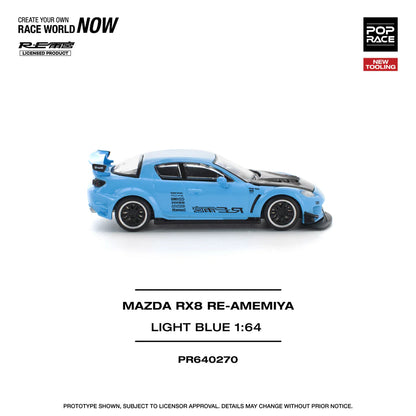 Pop Race 1:64 Mazda RX-8 Re-Amemiya Light Blue Openable Front Hood Detailed Engine (PR640270)