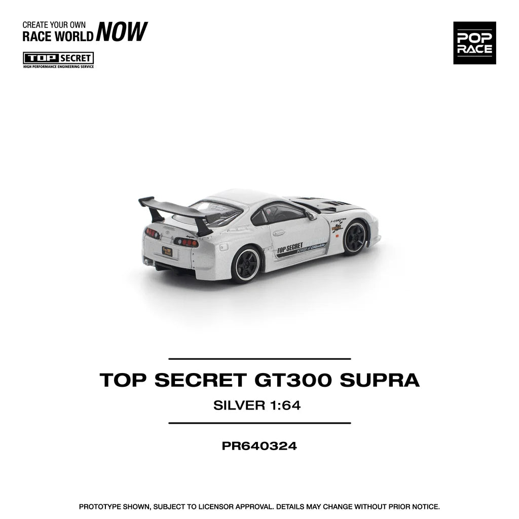 Pop Race 1:64 Top Secret GT300 Supra A80 Silver Carbon Hood Openable Front Hood Detailed Engine (PR640324)