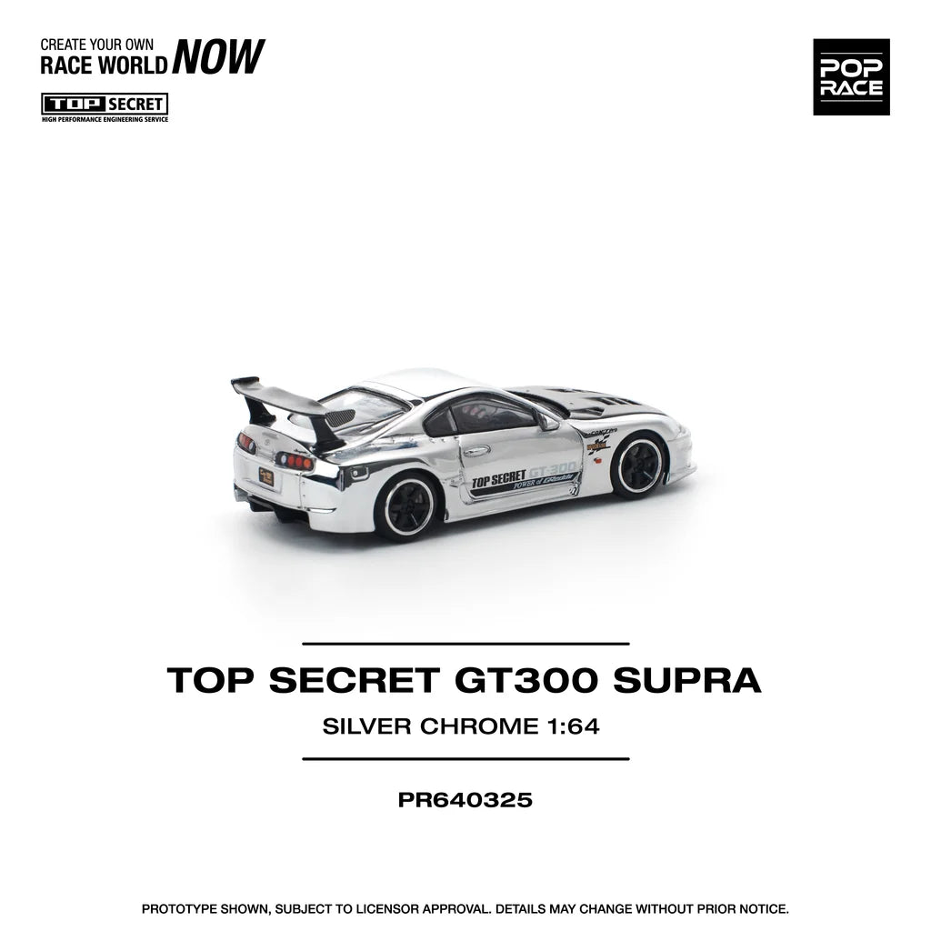 Pop Race 1:64 Top Secret GT300 Supra A80 Chrome Silver Carbon Hood Openable Front Hood Detailed Engine (PR640325)