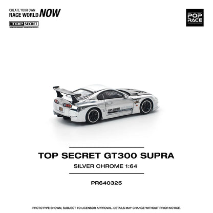 Pop Race 1:64 Top Secret GT300 Supra A80 Chrome Silver Carbon Hood Openable Front Hood Detailed Engine (PR640325)