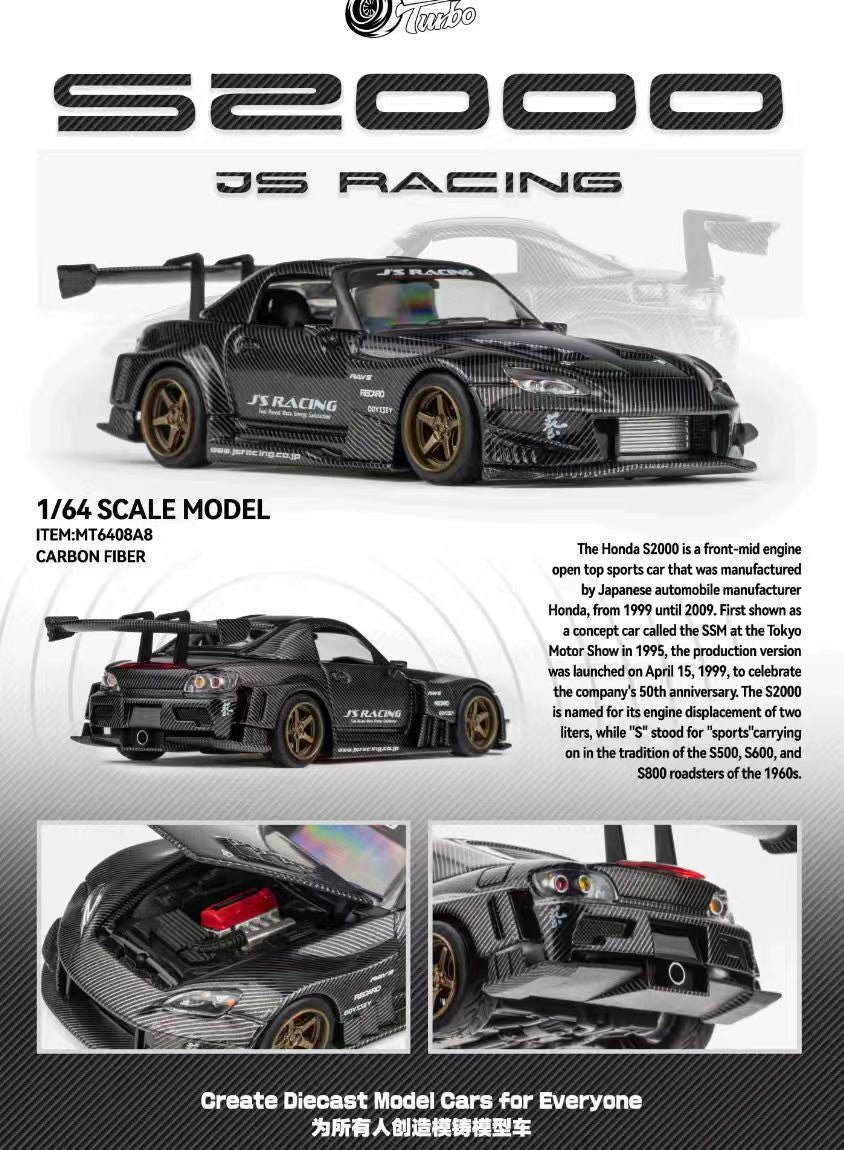 Micro Turbo 1:64 Honda S2000 AP1 J's Racing Custom Carbon Black China Cool Car Show 2026 Special Edition (Openable Engine Hood + Removable Engine + Magnetic Removable Wing)