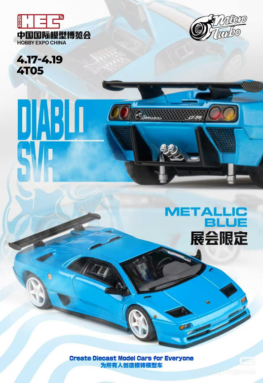 Micro Turbo 1:64 Lamborghini Diablo SV Metallic Blue CHobby Expo China 2026 Special Edition (Foldable Pop Up Head Lights + Opening Hood + Engine Part + Exhaust Details + Attachment)