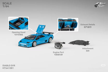 Micro Turbo 1:64 Lamborghini Diablo SV Metallic Blue CHobby Expo China 2026 Special Edition (Foldable Pop Up Head Lights + Opening Hood + Engine Part + Exhaust Details + Attachment)