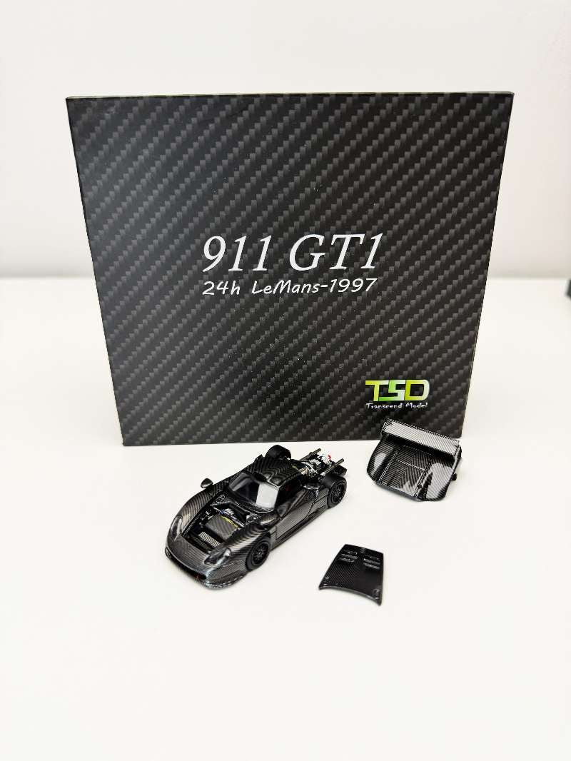 Transcend Model 1:64 Porsche 911 GT1 24h Le Mans GT1 1997 Full Carbon Black Openable Front and Rear Hood with Detail Engine in Premium Box Packaging