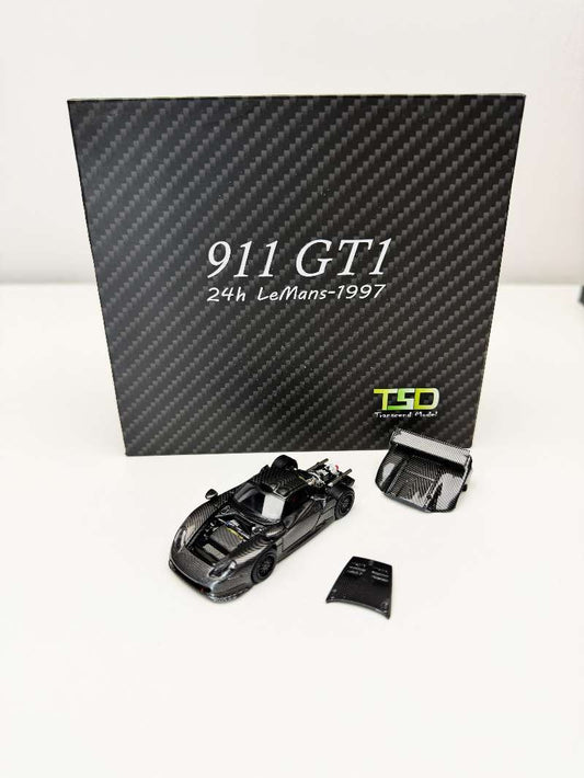 Transcend Model 1:64 Porsche 911 GT1 24h Le Mans GT1 1997 Full Carbon Black Openable Front and Rear Hood with Detail Engine in Premium Box Packaging