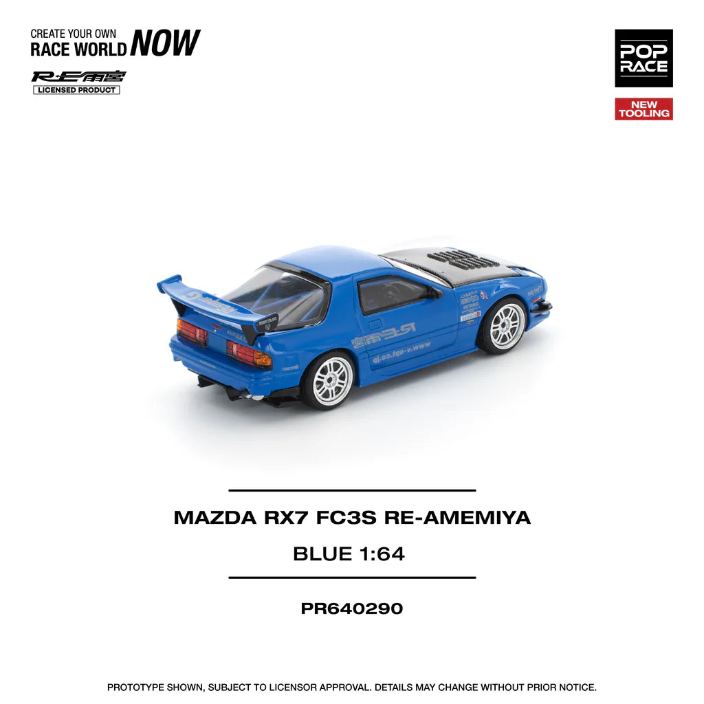 Pop Race 1:64 Mazda RX-7 FC3S Re-Amemiya Blue Openable Front Hood Detailed Engine (PR640290)