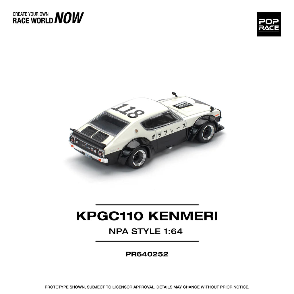 Pop Race 1:64 Nissan Skyline GT-R KPGC110 V8 Drift Kenmeri White Black NPA Style Opening Front and Rear Detailed Engine (PR640252)