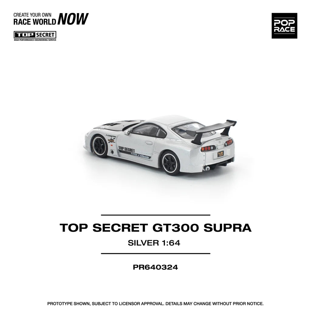 Pop Race 1:64 Top Secret GT300 Supra A80 Silver Carbon Hood Openable Front Hood Detailed Engine (PR640324)