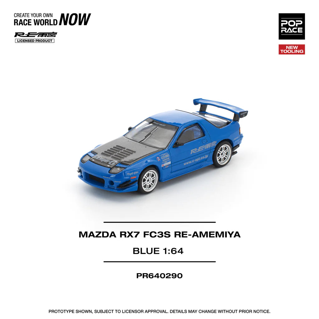 Pop Race 1:64 Mazda RX-7 FC3S Re-Amemiya Blue Openable Front Hood Detailed Engine (PR640290)