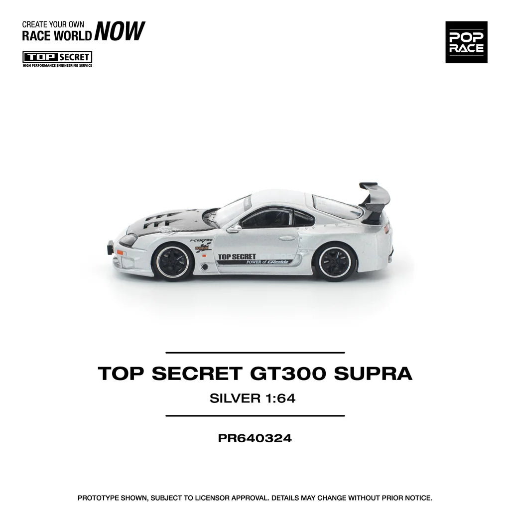 Pop Race 1:64 Top Secret GT300 Supra A80 Silver Carbon Hood Openable Front Hood Detailed Engine (PR640324)