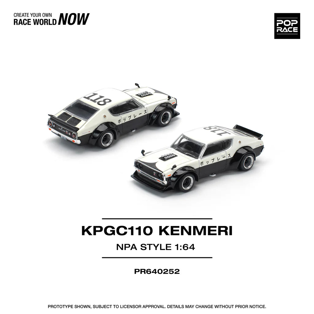 Pop Race 1:64 Nissan Skyline GT-R KPGC110 V8 Drift Kenmeri White Black NPA Style Opening Front and Rear Detailed Engine (PR640252)