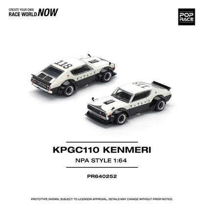 Pop Race 1:64 Nissan Skyline GT-R KPGC110 V8 Drift Kenmeri White Black NPA Style Opening Front and Rear Detailed Engine (PR640252)