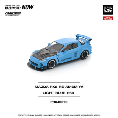 Pop Race 1:64 Mazda RX-8 Re-Amemiya Light Blue Openable Front Hood Detailed Engine (PR640270)