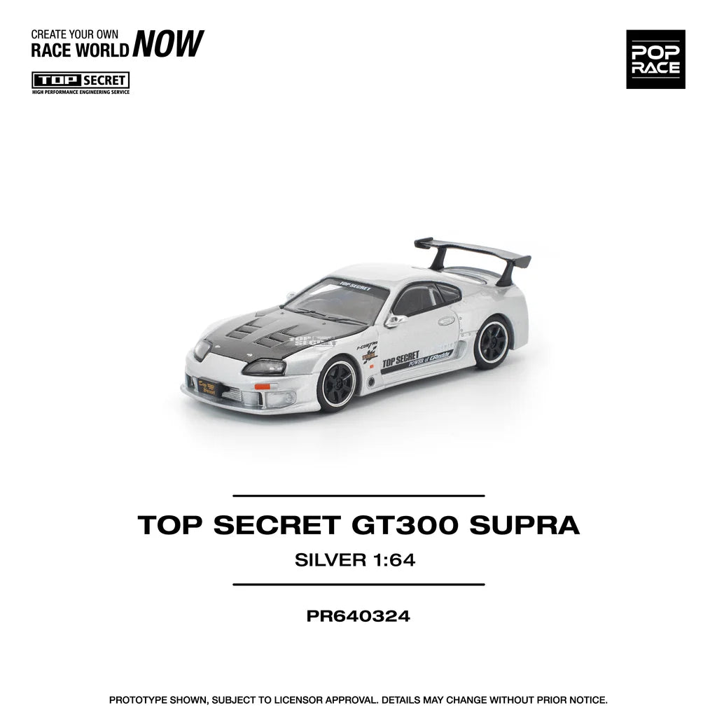 Pop Race 1:64 Top Secret GT300 Supra A80 Silver Carbon Hood Openable Front Hood Detailed Engine (PR640324)