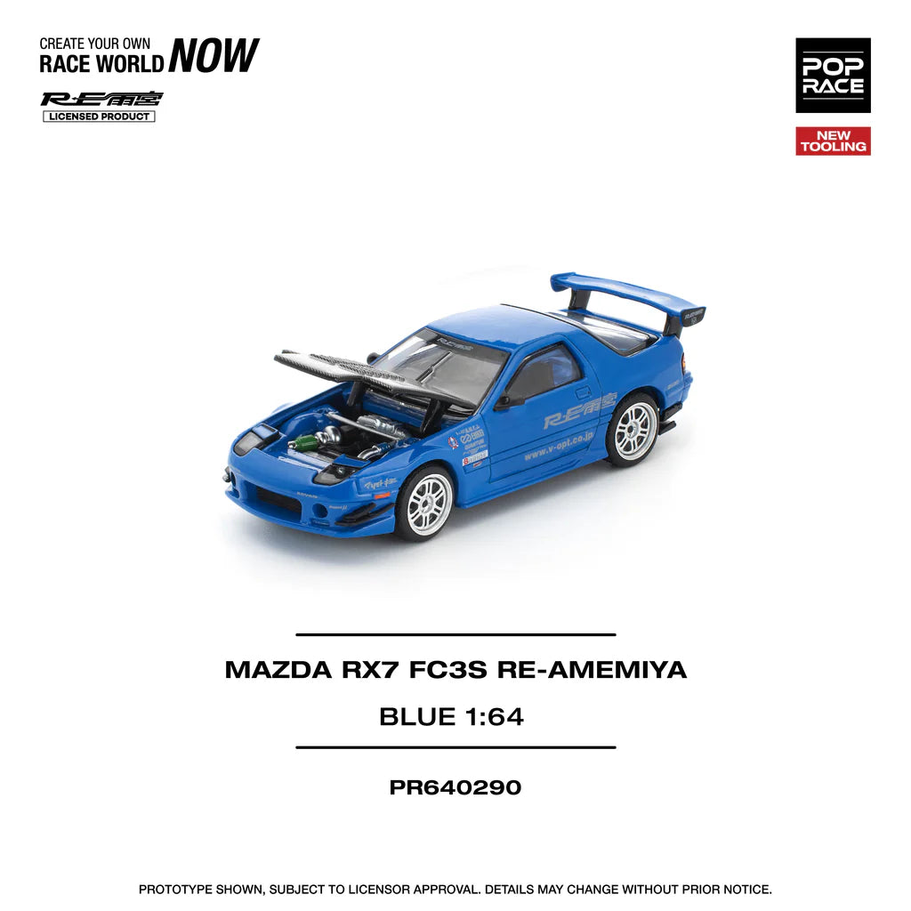 Pop Race 1:64 Mazda RX-7 FC3S Re-Amemiya Blue Openable Front Hood Detailed Engine (PR640290)