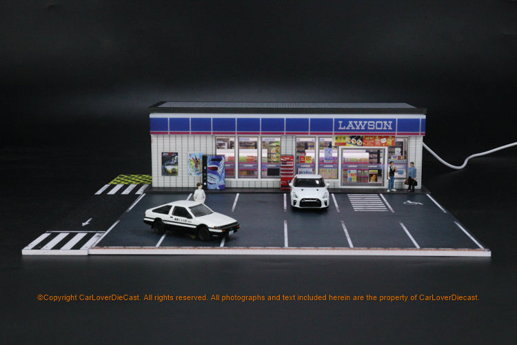 G-Fans 1/64 Lawson Convenience Store LED Light Diorama with Car Park Parking Lot