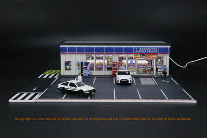 G-Fans 1/64 Lawson Convenience Store LED Light Diorama with Car Park Parking Lot