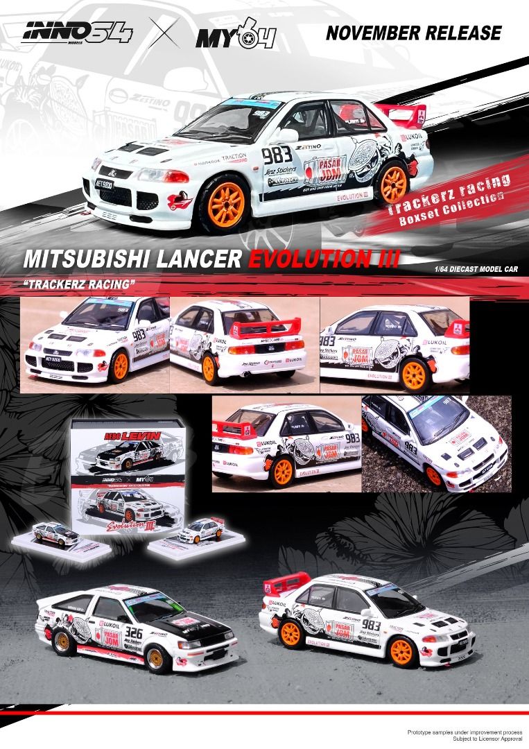 INNO64 1:64 Toyota Corolla AE86 LEVIN & Mitsubishi Lancer Evolution III Malaysia Special Edition "TRACKERZ RACING" Twin Cars Box Set Collection