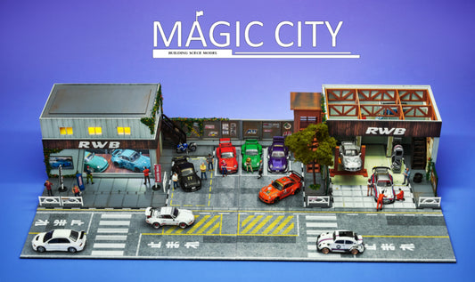 Magic City 1:64 RWB Showroom & Repair Shop Diorama (cars & figures NOT included)