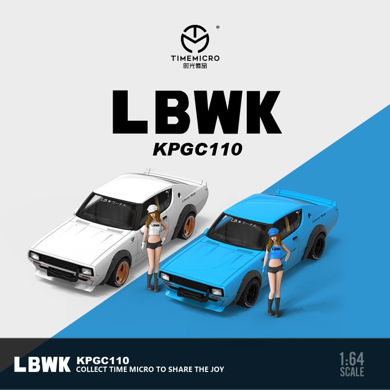 Time Micro 1/64 Nissan Skyline 2000GT-R KPGC110 LBWK Liberty Walk White with model girl miniature figure