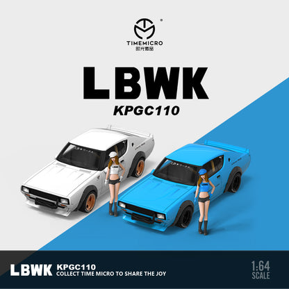 Time Micro 1/64 Nissan Skyline 2000GT-R KPGC110 LBWK Liberty Walk White with model girl miniature figure