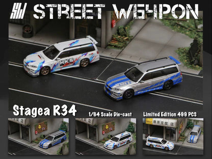 Street Weapon 1/64 Nissan Stagea Skyline GT-R R34 Wagon Silver & Blue