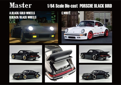 Master Model 1:64 Porsche 930 Turbo Open Engine Hood Wangan Midnight Black Bird Modified Edition- White with Red Wheels