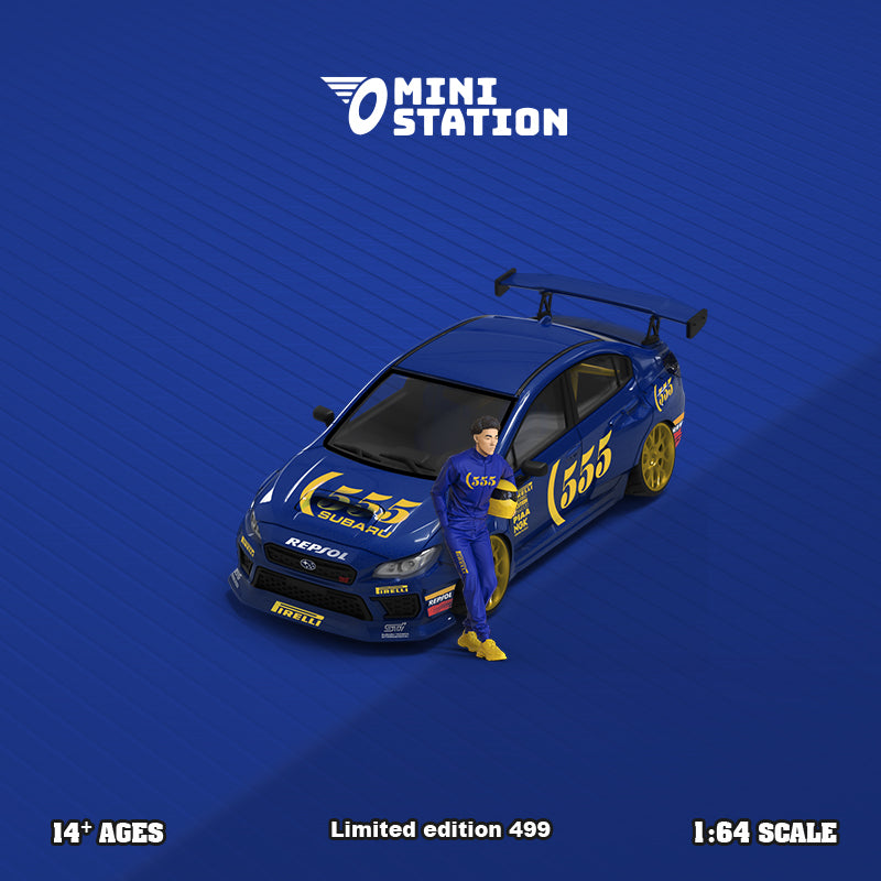 Mini Station 1/64 Subaru WRX STI 555 WRC Rally Car with Racer Miniature Figure