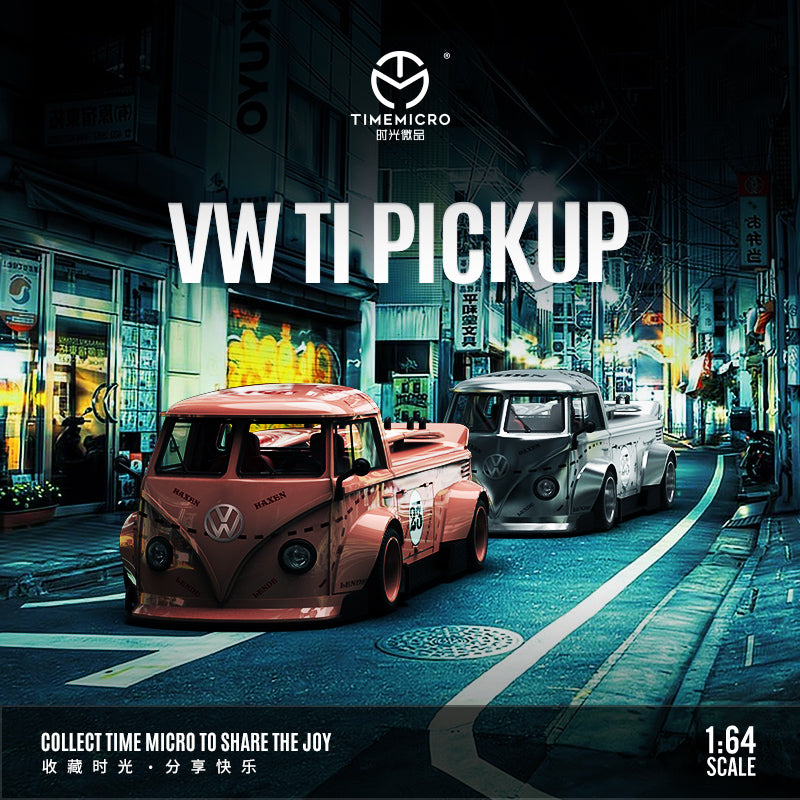 Time Micro 1/64 Volkswagen Kombi T1 Modified Wide Body Pick-Up Truck- Pink Pig with Model Girl Figure