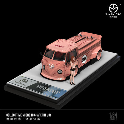 Time Micro 1/64 Volkswagen Kombi T1 Modified Wide Body Pick-Up Truck- Pink Pig with Model Girl Figure