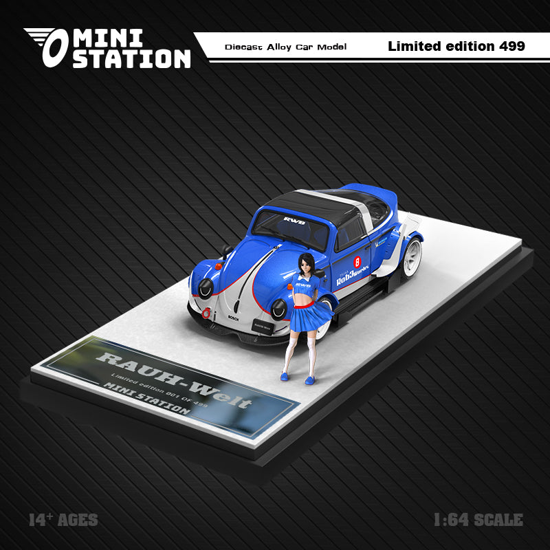 Mini Station 1/64 Volkswagen Beetle RWB Targa Blue and White with Model Girl Figure
