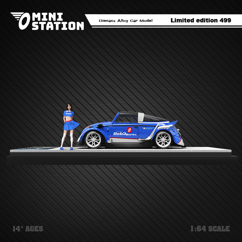 Mini Station 1/64 Volkswagen Beetle RWB Targa Blue and White with Model Girl Figure
