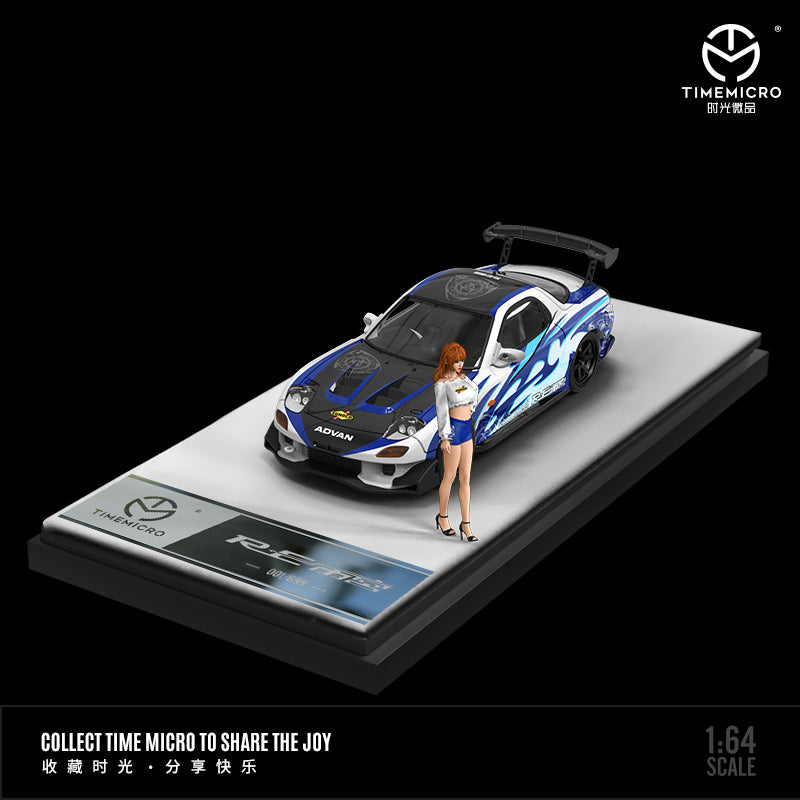Time Micro 1/64 Mazda RX-7 FD3S Modified RE-Amemiya Edition Blue Frame with Girl Miniature Figure